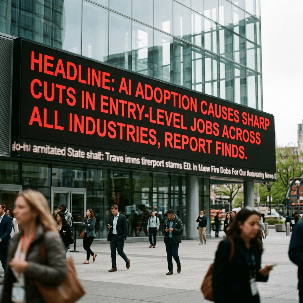 Electronic billboard showing headline about AI causing sharp cuts in entry-level jobs across industries