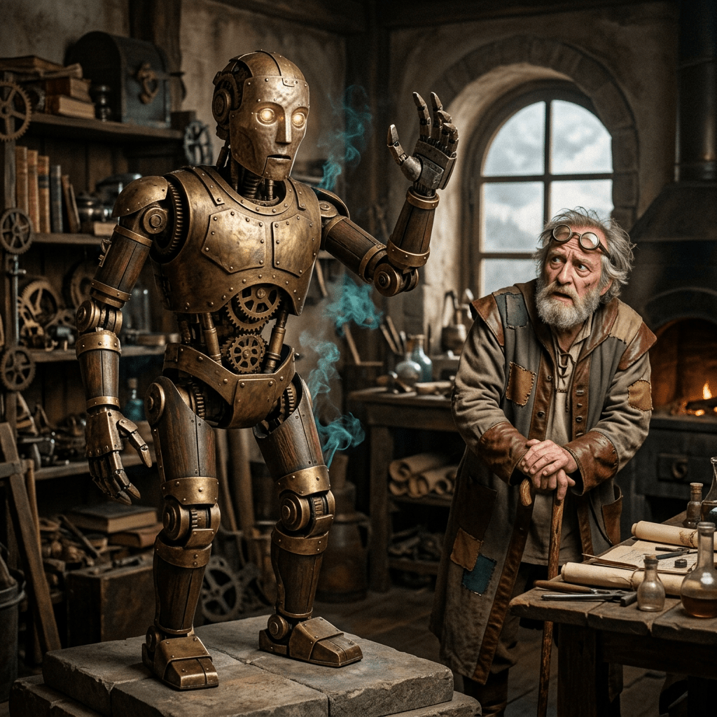 Steampunk robot with glowing eyes standing on a stone slab while an elderly inventor watches in a workshop