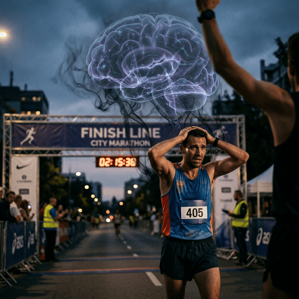 Marathon runner touching his head showing exhaustion with a digital brain projection above him near the finish line