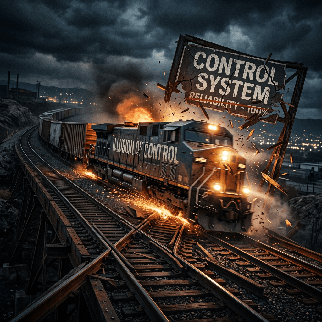 Train labeled Illusion of Control crashing through a cracked Control System sign with sparks and fire