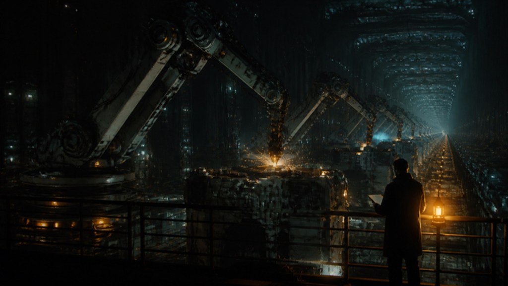 A vast hall of robot arms building ever larger robot arms while a lone human with a clipboard watches
