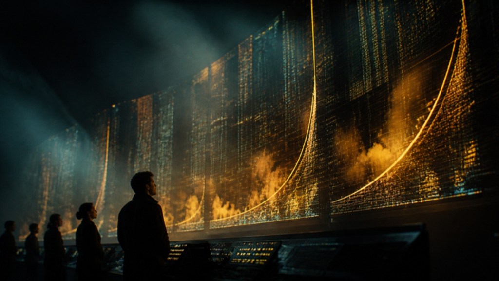 Silhouetted analysts in a dark control room before a wall of steeply climbing glowing graphs