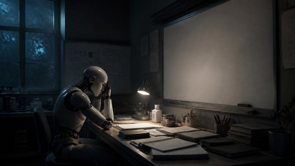 A humanoid robot slumped at a laboratory desk at night facing an empty whiteboard