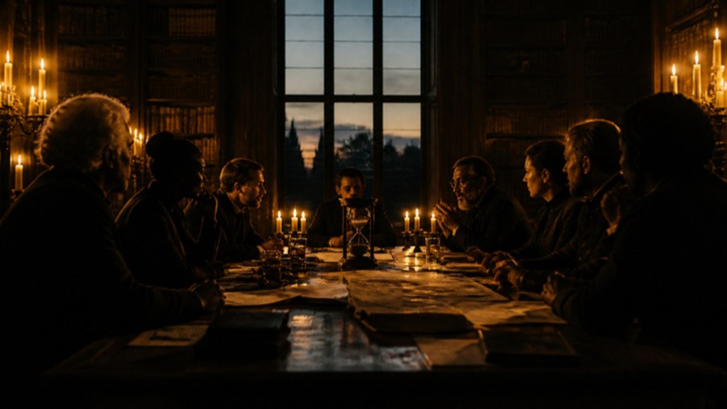 A candlelit panel of experts debating around an hourglass at a long library table