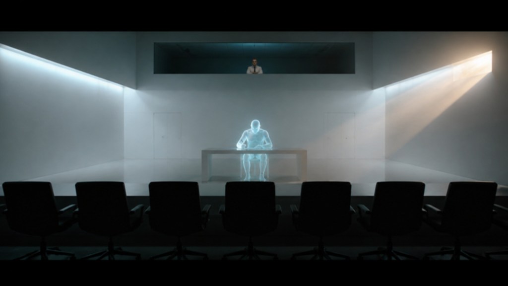 A glowing AI figure alone in an examination hall facing empty examiner chairs while a human watches from a gallery
