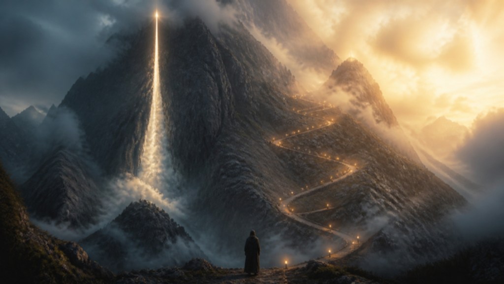 A lone figure at the foot of a mountain choosing between a vertical rocket trail and a winding lantern-lit path