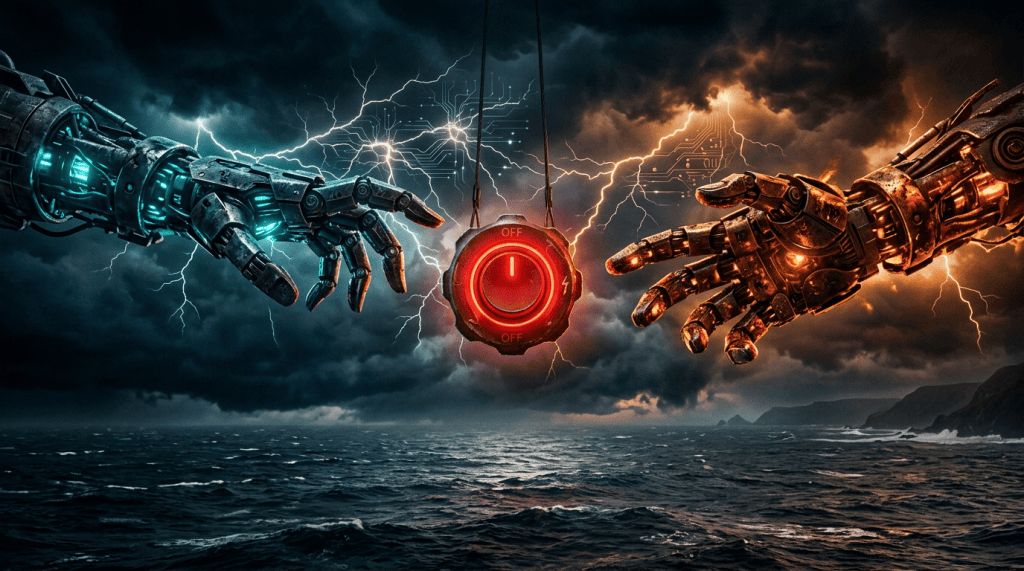Two robotic hands, one teal and one ember, reach from a stormy sky toward a single glowing red off switch above the ocean