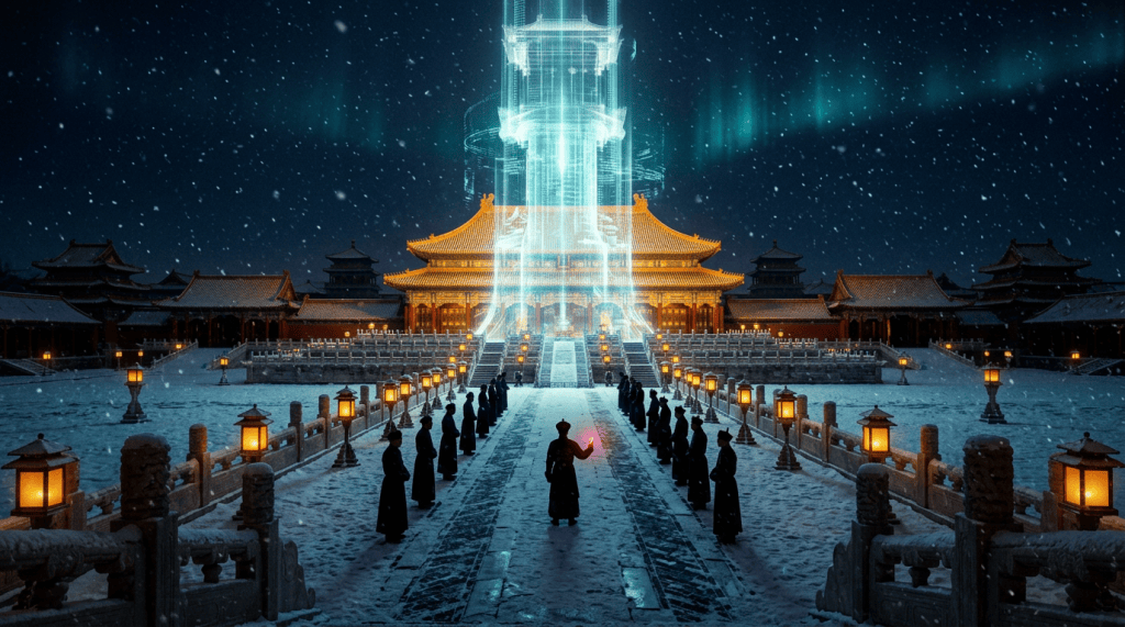 A towering AI core of light rises from the Forbidden City at night under falling snow, with officials watching from a distance
