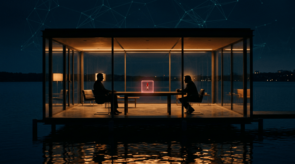 Two silhouetted negotiators at a long table in a glass pavilion on water at night, a red light glowing between them