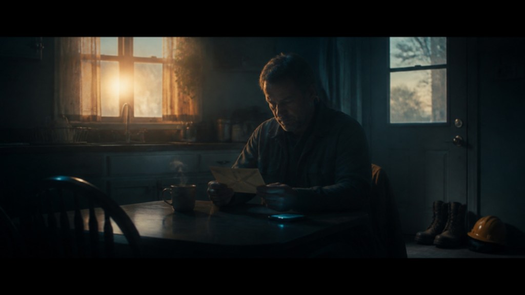 A man sits at a kitchen table at dawn holding an unopened cheque, his work boots unused by the door