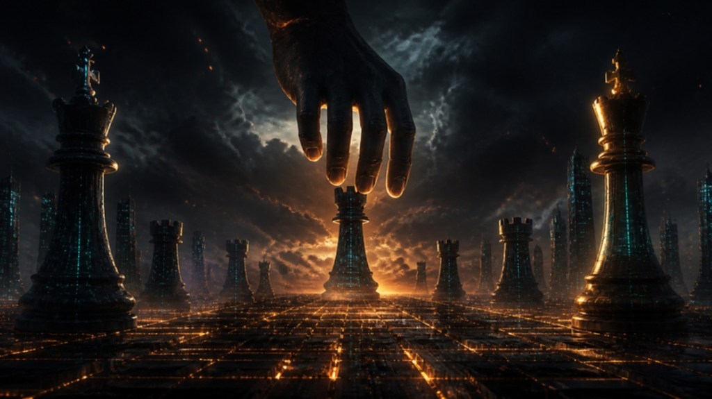 A giant shadowy hand descends to move a piece on a chessboard of city lights where the pieces are glowing server racks and two dark kings face off
