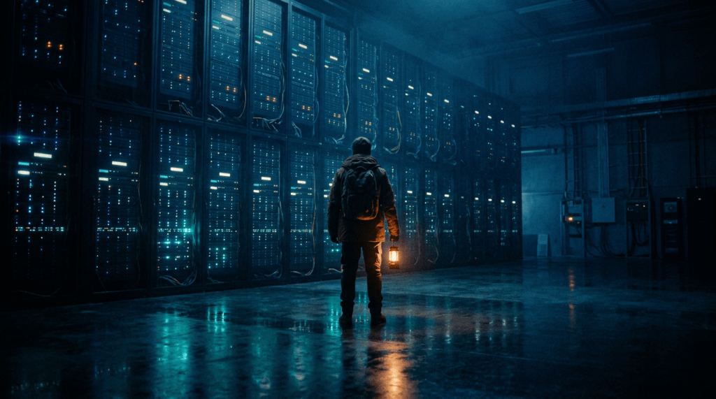 A lone figure holding an amber lantern before a wall of glowing AI servers at night