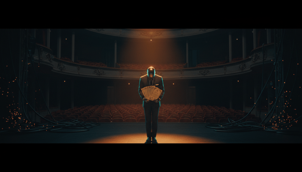A robot bows on an empty theatre stage holding certificates while cables spark backstage
