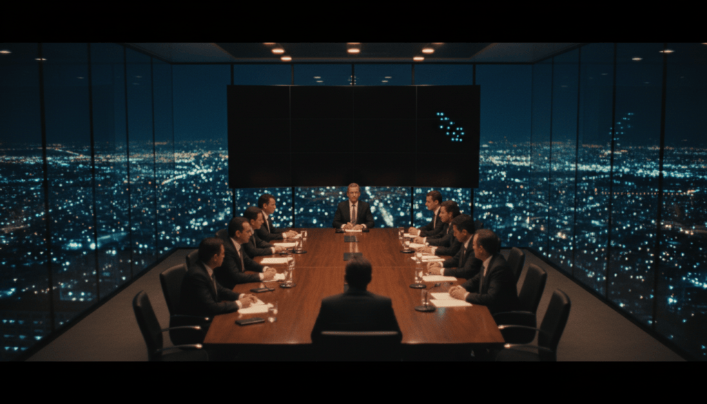 Confident executives in a boardroom in front of an almost entirely dark monitoring wall