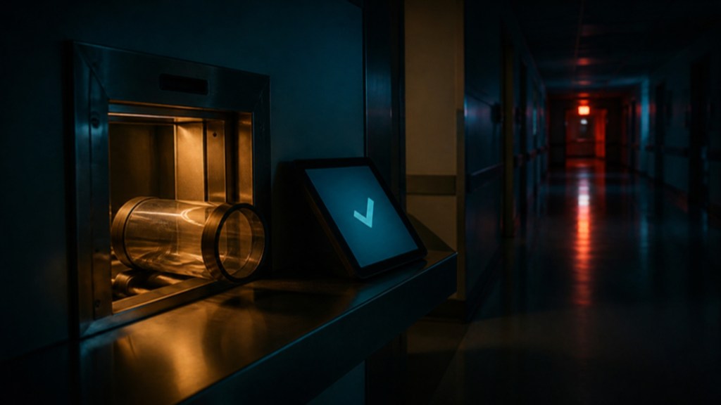 An unsent capsule waiting in a hospital pneumatic tube station at night, beside a tablet glowing with a completion tick