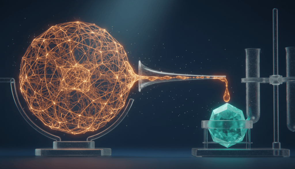 A large glowing sphere pouring light through a funnel into a smaller crystal, illustrating model distillation