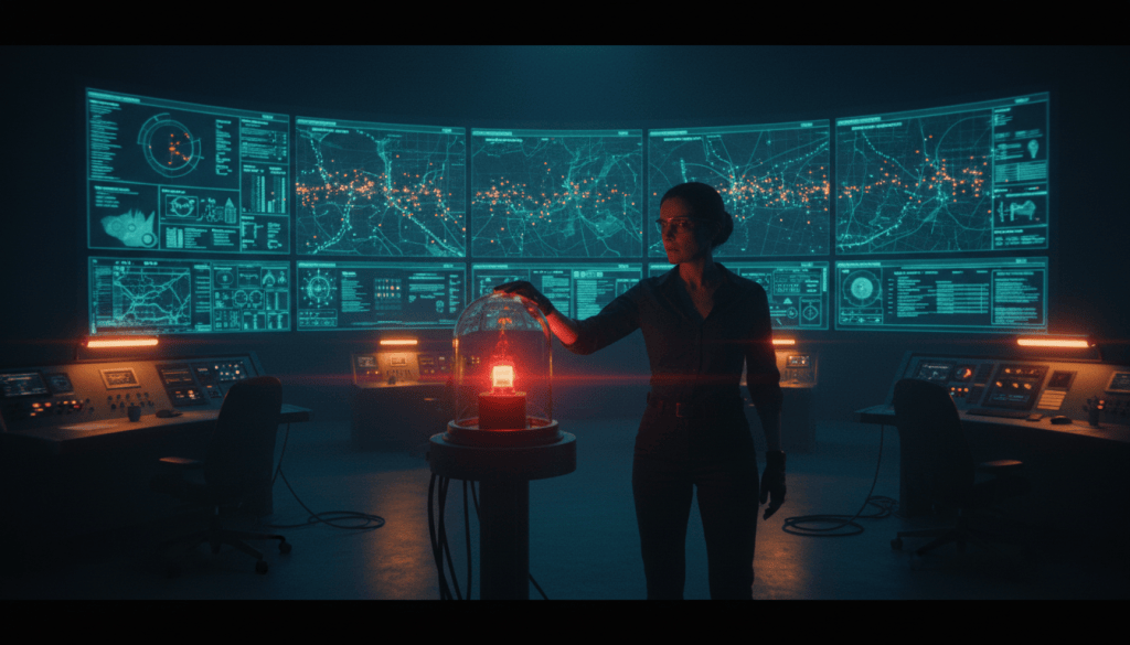 An operator's hand hovers over a covered physical switch in front of a wall of agent telemetry