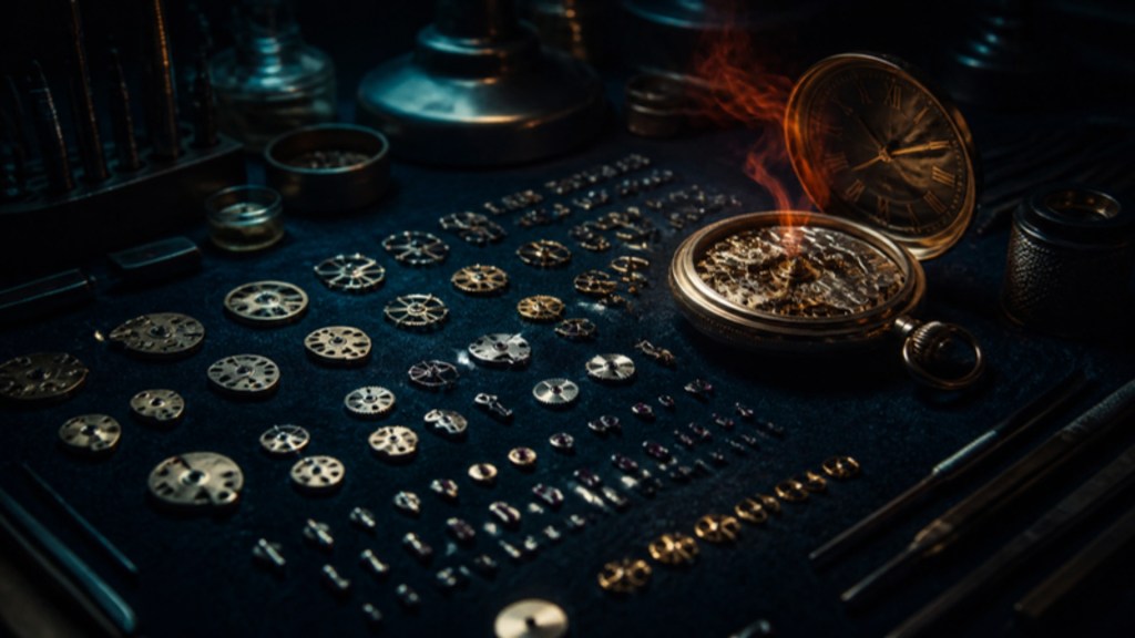 Rows of flawless watch parts on a dark workbench beside an assembled pocket watch whose hands have stopped, a wisp of smoke rising from it