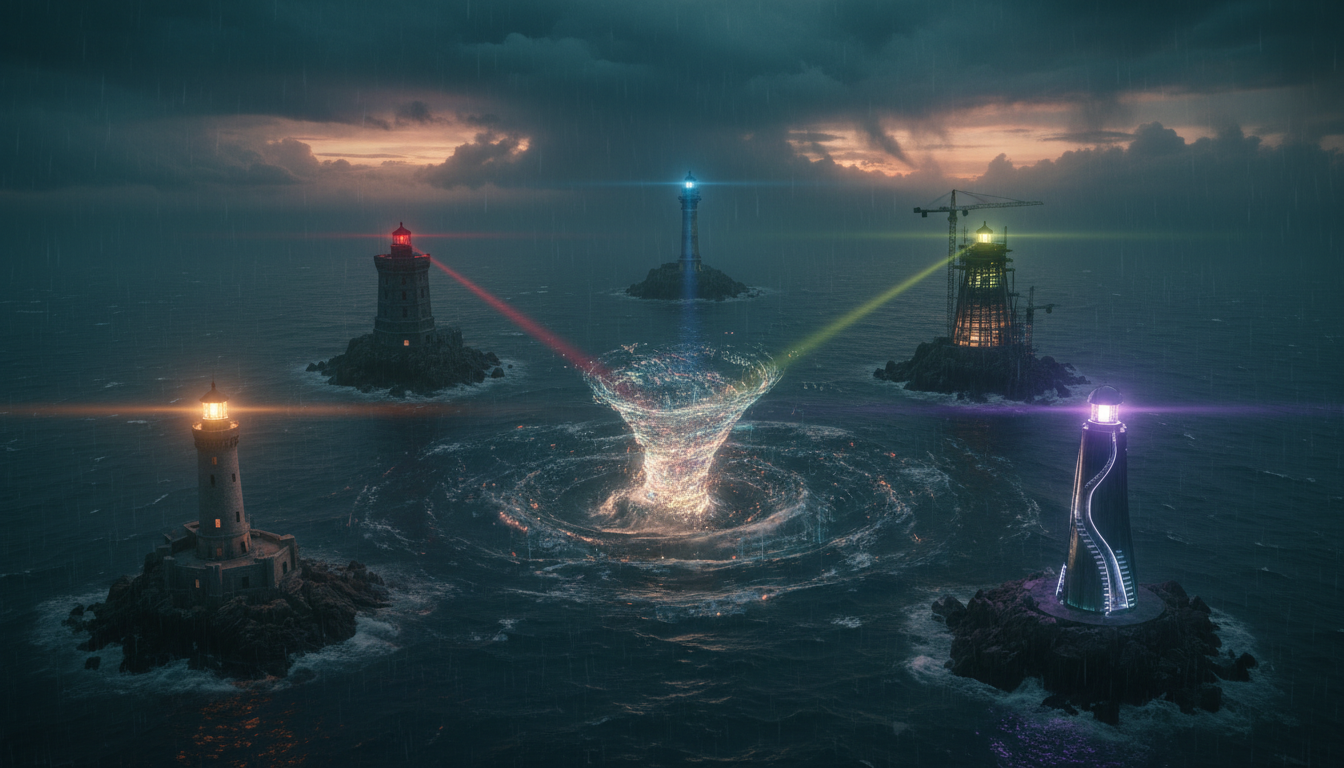 Five different lighthouses on separate headlands shining beams at one storm at sea