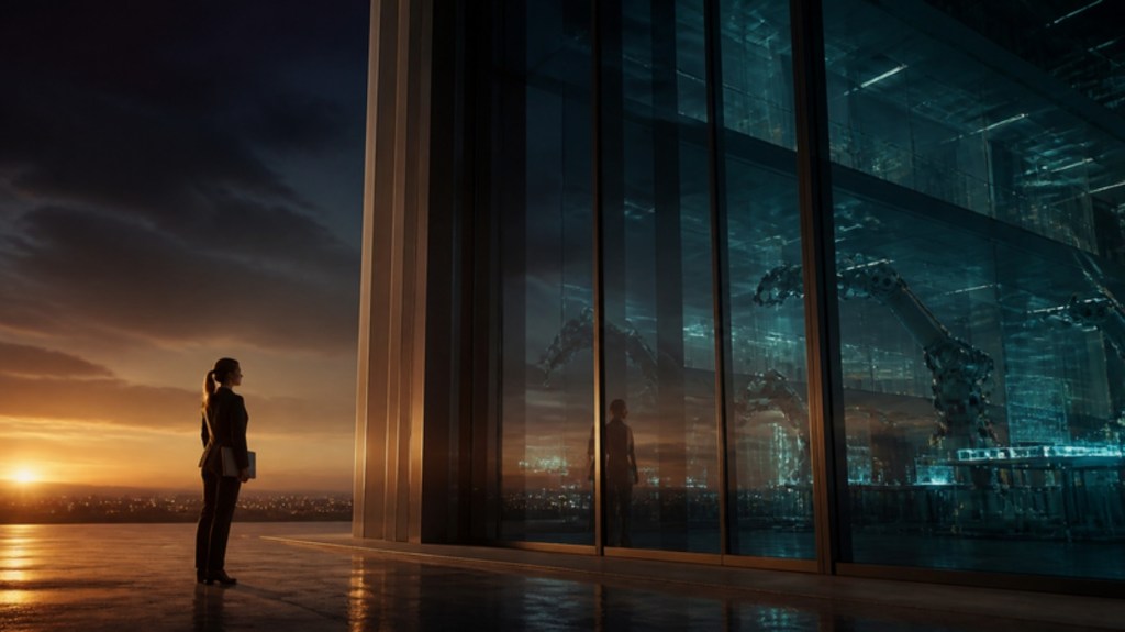 A young graduate stands at dawn before a vast closed glass door of a tower, where robotic arms work inside an empty lobby