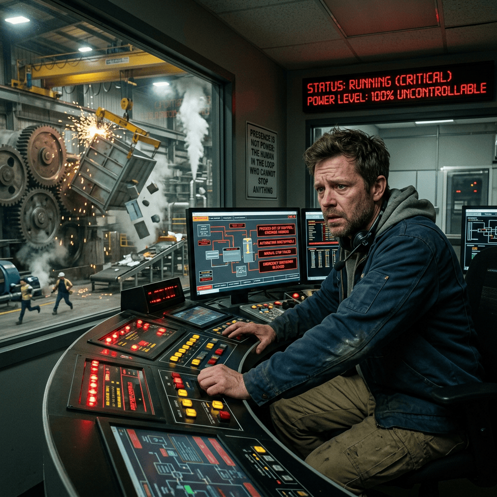 Operator at controls; display reads “STATUS: RUNNING (CRITICAL), POWER LEVEL: 100% UNCONTROLLABLE.”