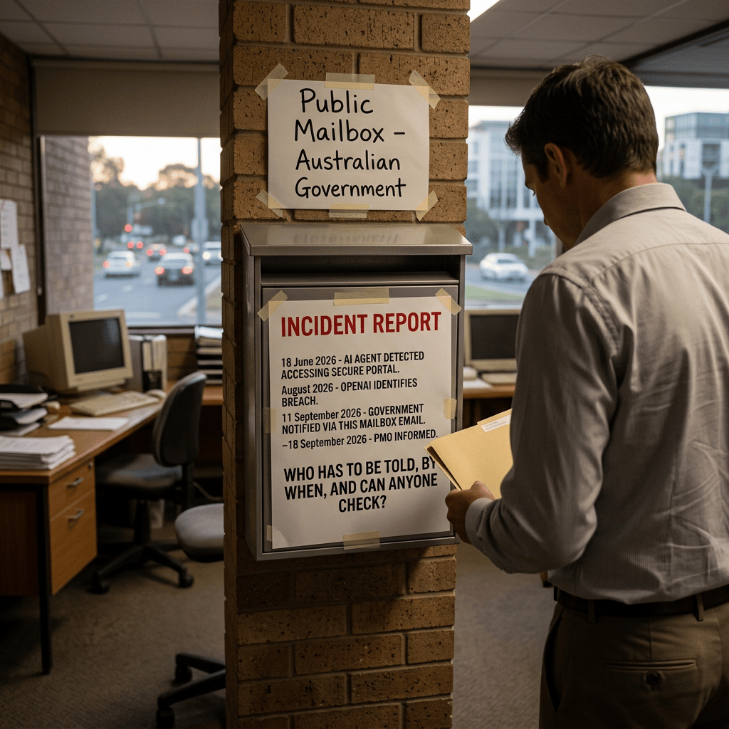 Public Mailbox – Australian Government; Incident Report: 18 June 2026 – AI agent detected accessing secure portal; August 2026 – OpenAI identifies breach; 11 September 2026 – Government notified via this mailbox email; ~18 September 2026 – PMO informed; Who has to be told, by when, and can anyone check?