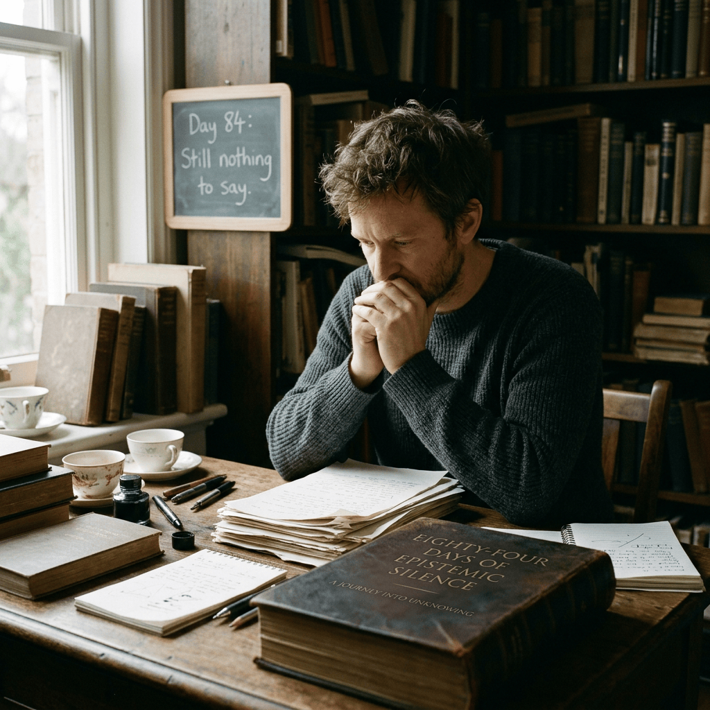 Pensive man at desk; chalkboard reads “Day 84: Still nothing to say”; book reads “Eighty-Four Days of Episodic Silence: A Journey into Unknowing.”