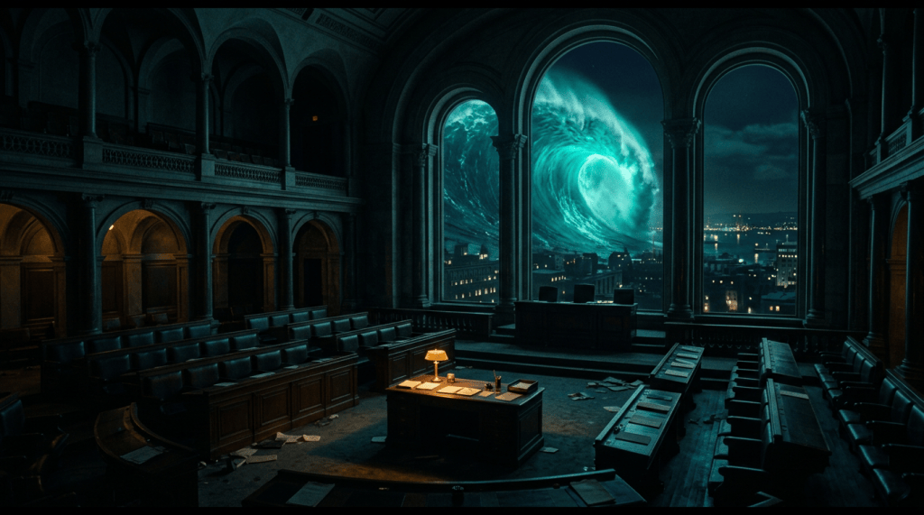 An empty legislative chamber lit by a single amber lamp, with a towering wave of teal light rising outside the windows
