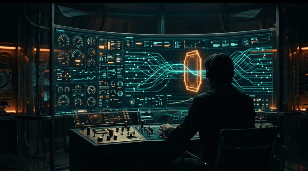 An operator silhouetted in a control room before a wall of instruments, where one flowing line is held at a glowing amber gate