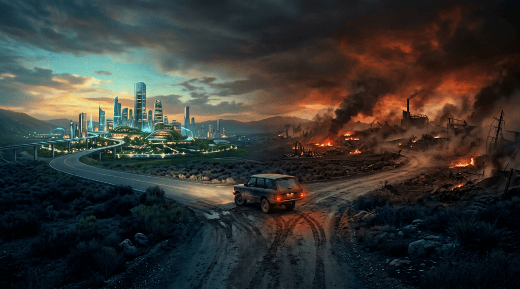 A car stopped at a fork in the road at dusk: one road to a luminous green city, the other to a burning wasteland