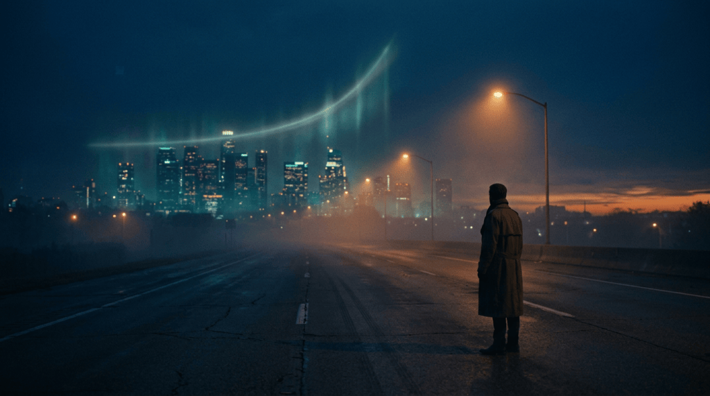A lone figure on an empty highway at dusk faces a city skyline, with a glowing exponential curve rising across the sky