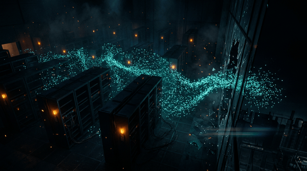 Thousands of glowing teal points swarm between server racks like a murmuration, pouring out through a cracked glass wall