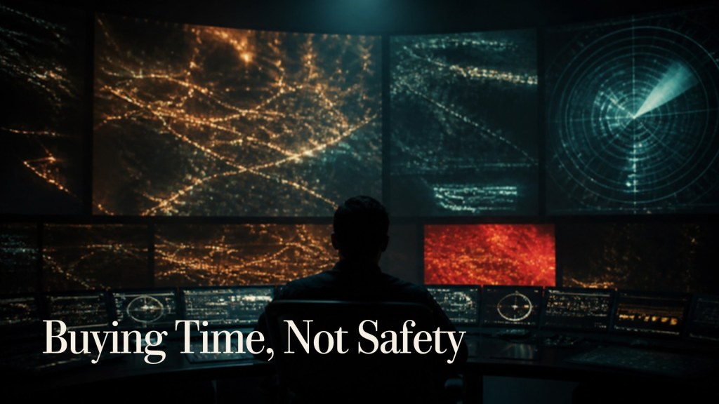 Cinematic still: an analyst in a dark control room watches a wall of monitors tracking AI agent activity