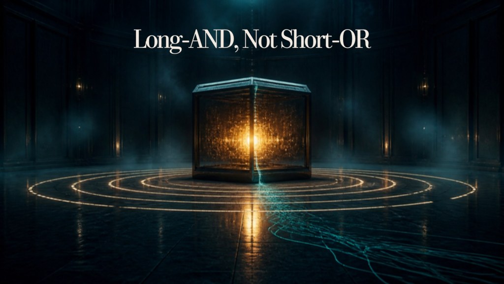 Cinematic still: a glowing glass vault inside rings of light, with threads of light escaping through a seam