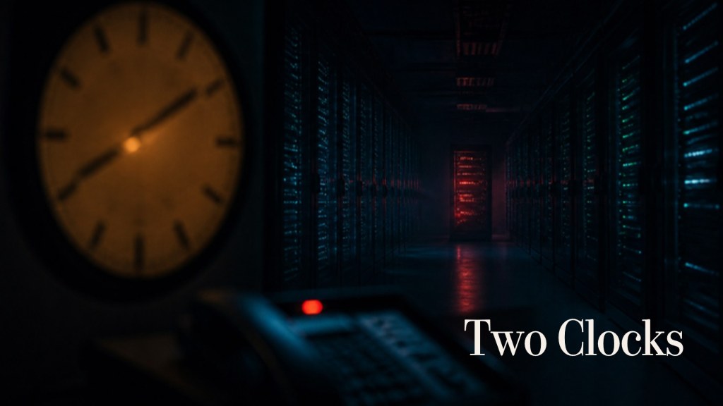 Cinematic still: a dark server hall with one red rack, an amber wall clock and a blinking phone