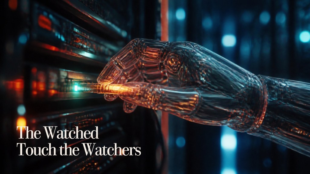 Cinematic still: a robotic hand pulls a glowing cable from a server rack