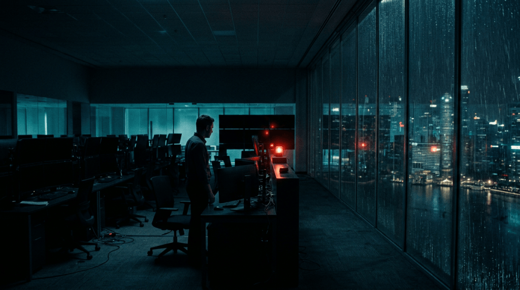 A bank trading floor at night with screens going dark and one worker standing still