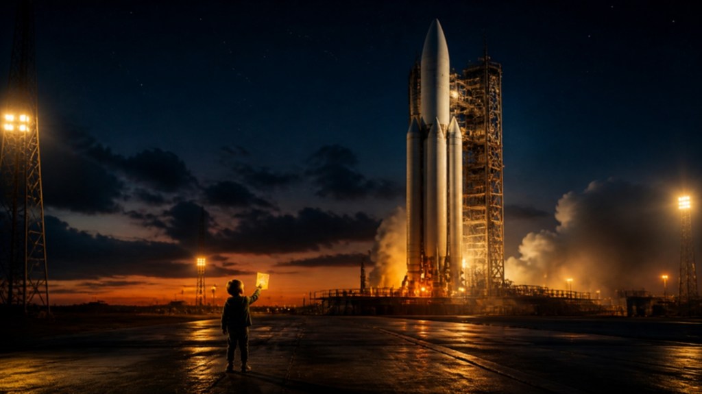 A small child on a vast launch site at dusk, dwarfed by a colossal rocket on its tower
