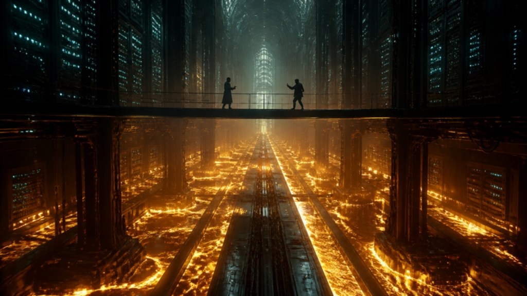 Two tiny figures argue on a catwalk high above rivers of molten gold flowing through an endless data centre
