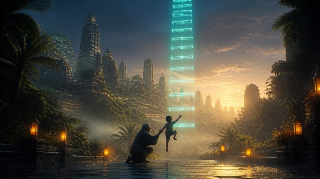 In a tropical city at dawn, a mentor lifts a young apprentice towards the first rung of a glowing ladder whose lowest rungs are missing