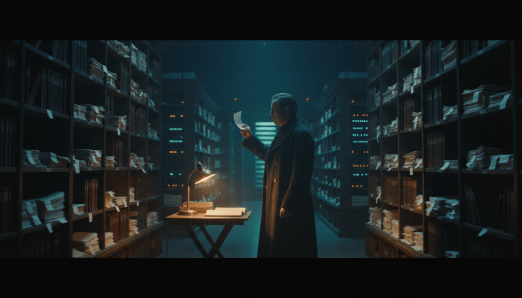 An auditor holds a receipt up to a lamp in a vast archive of glowing ledgers