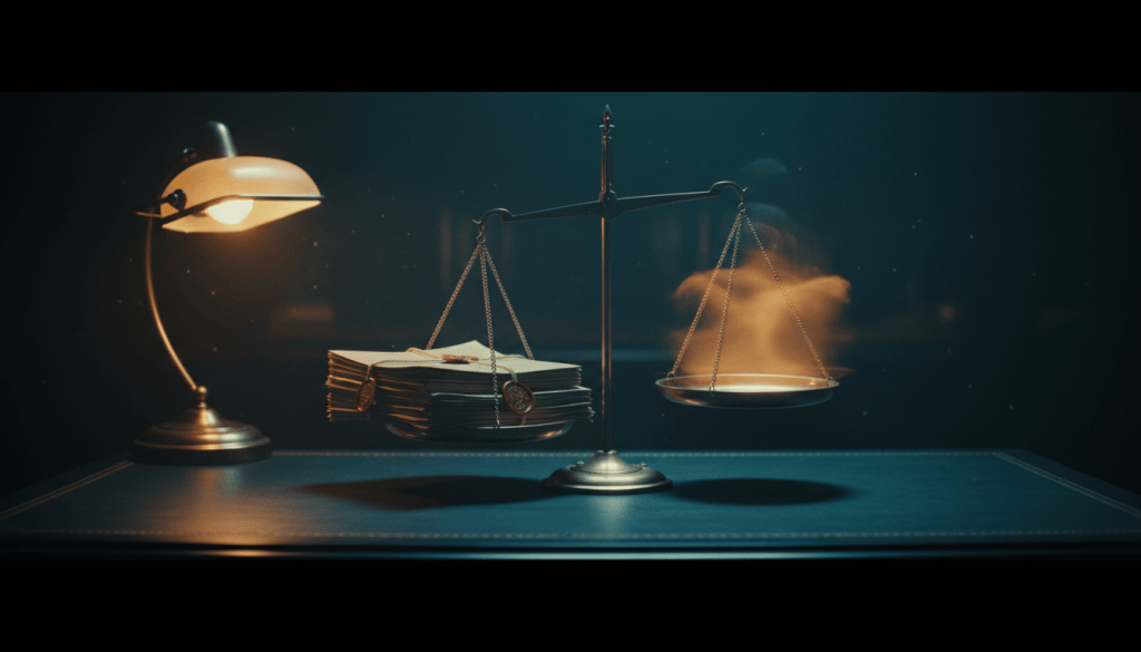 A brass balance scale: one pan heavy with sharply focused risk files, the other a soft blur of amber light