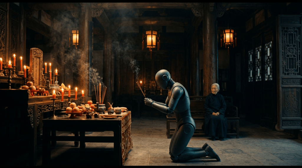 A faceless robot kneels in an ancestral hall performing a ritual while an elderly woman watches