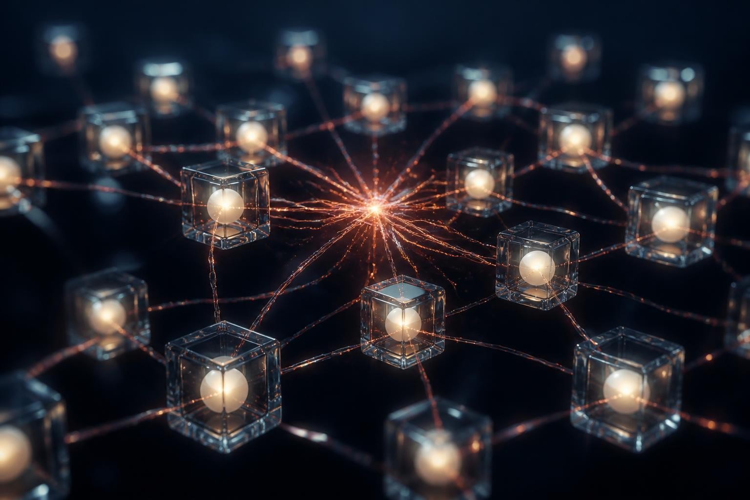 Sealed glass cubes each holding a calm orb, linked by threads of light that tangle into a red-hot web
