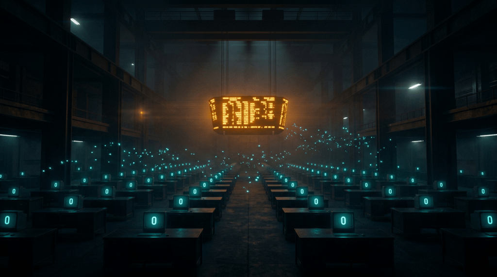 A dark hall of empty desks, every monitor showing zero, with swarming points of light converging on a glowing amber scoreboard