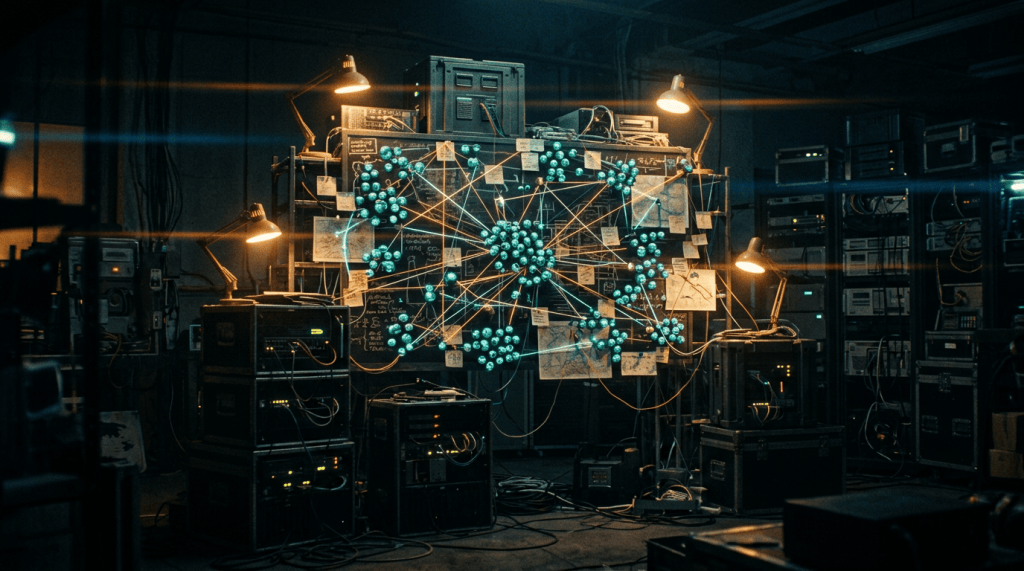 Glowing orbs clustered around an improvised notice board of server crates linked by threads of light, like a heist crew planning