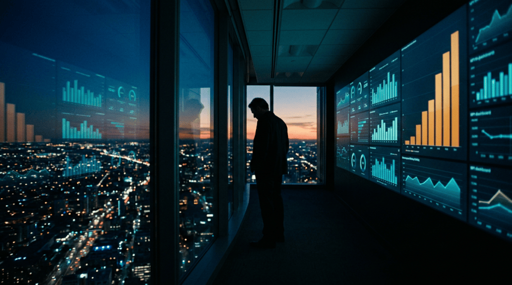 A lone office worker silhouetted at a tower window at dusk, surrounded by walls of glowing KPI dashboards