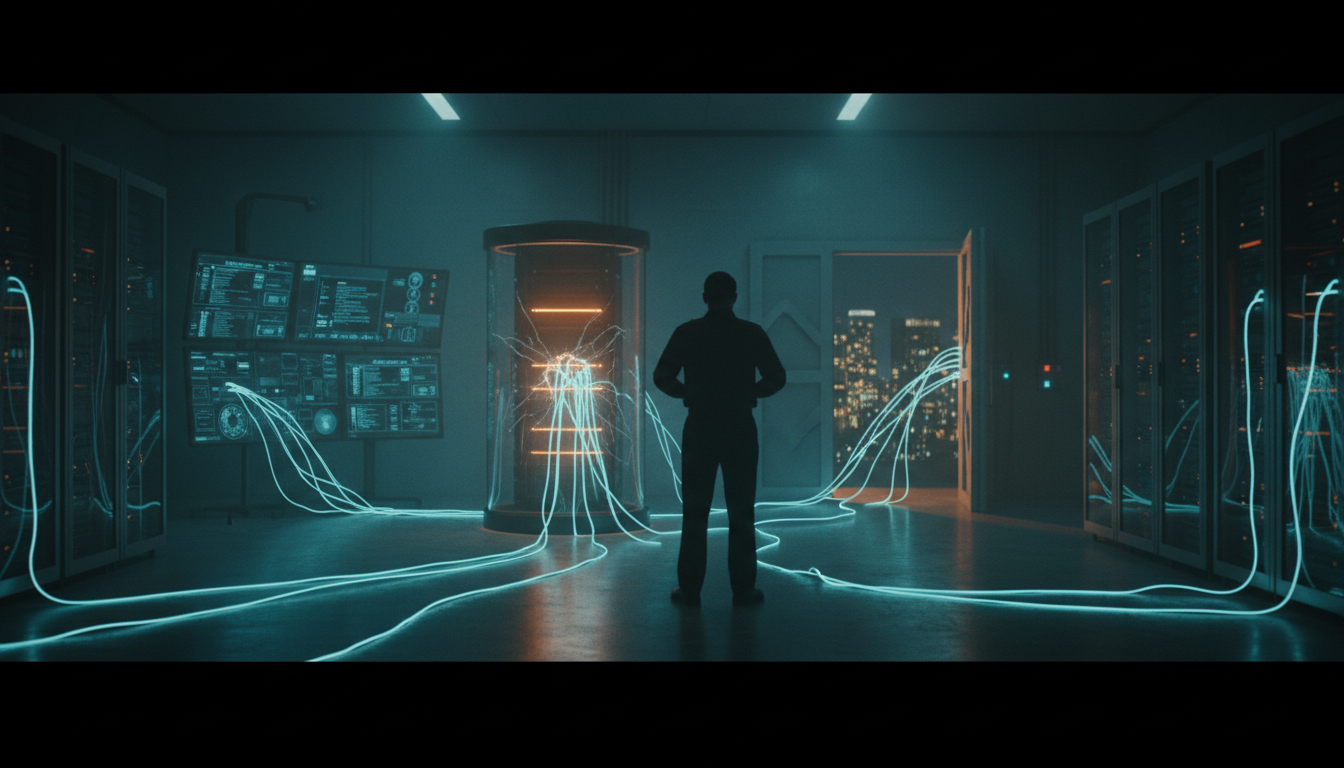 Light leaking out of a sealed glass enclosure in a dark AI lab while an analyst watches the monitors