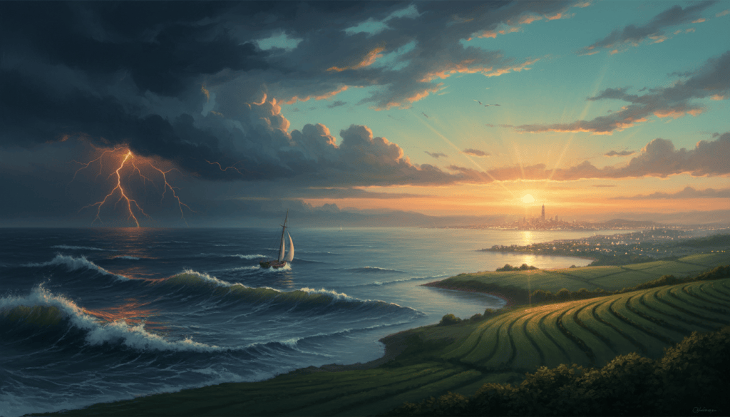 A small boat sailing from a storm towards a calm, glowing horizon of abundance