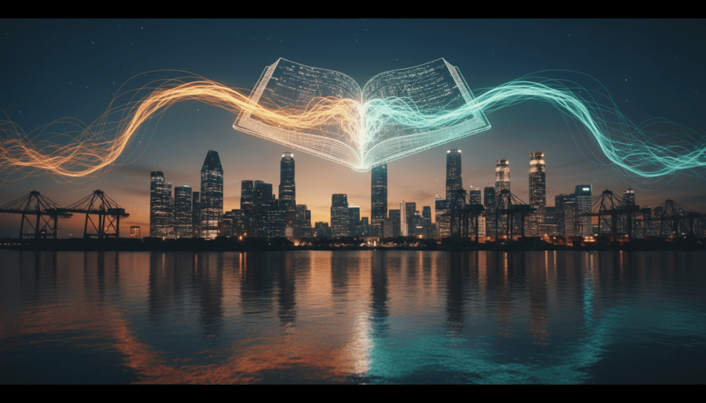 A harbour city at dusk with a glowing ledger floating between two currents of light from east and west